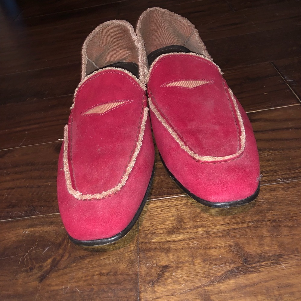 Donald J Pliner red reverse suede slip on loafers